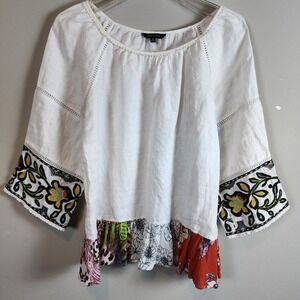 John Mark White Linen Embroidered Mixed Print Ruffle Hem Boho Blouse Sz  M